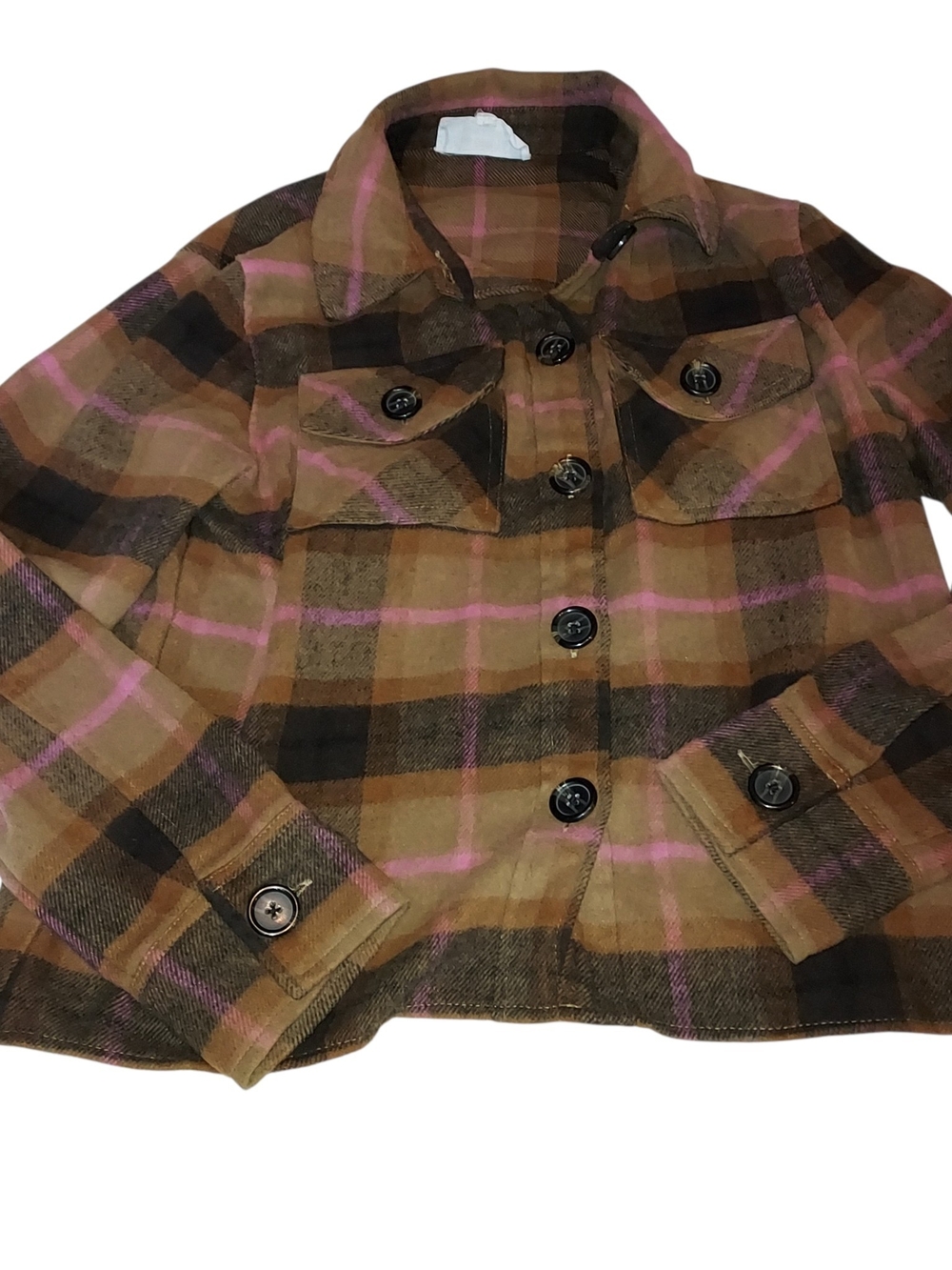BB Dakota Women's Plaid Button Front Shacket Size M Brown Pink Flannel Jacket